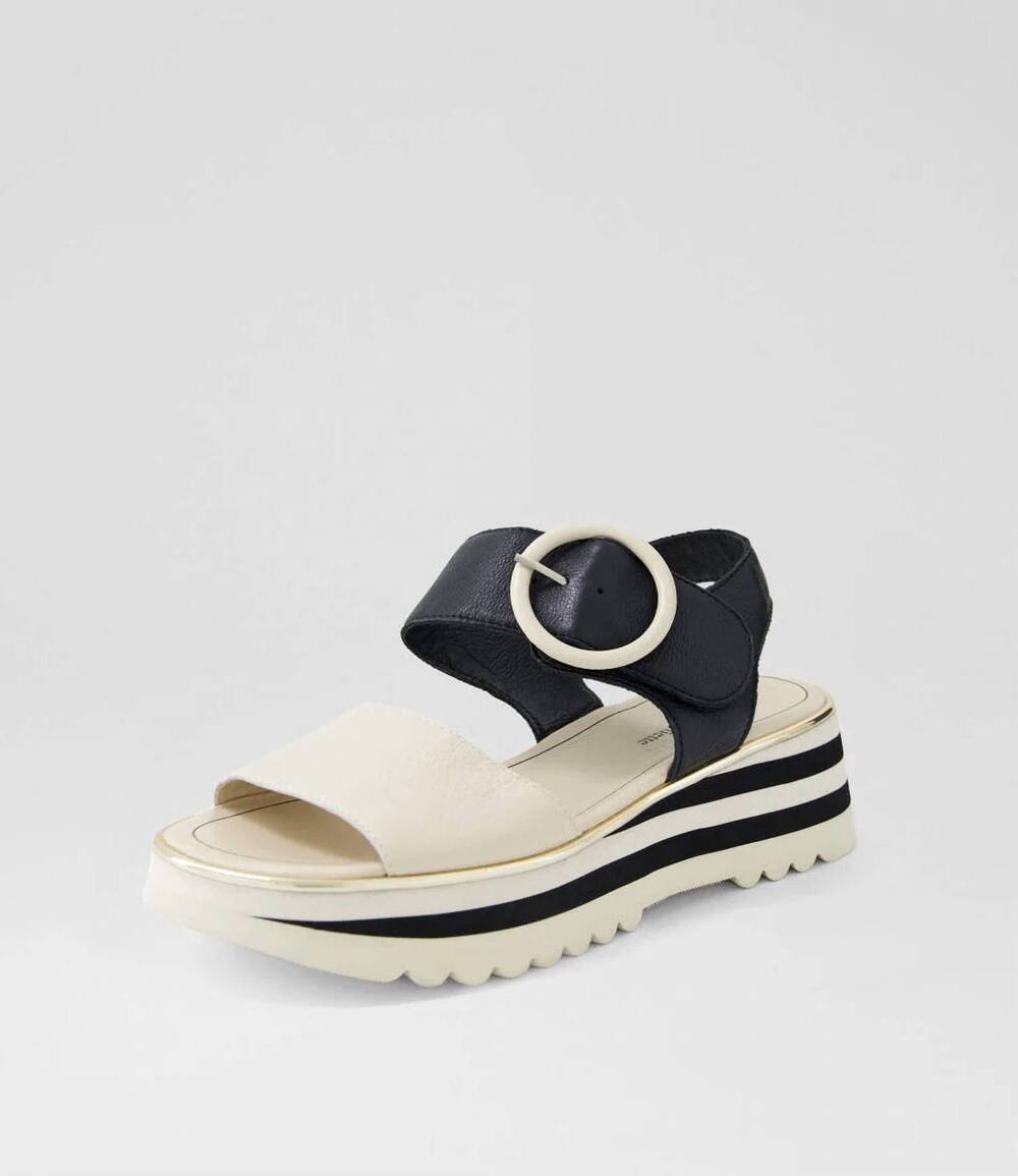 NEW DJANGO & JULIETTE women's harlows platform sandal in milk-black leather